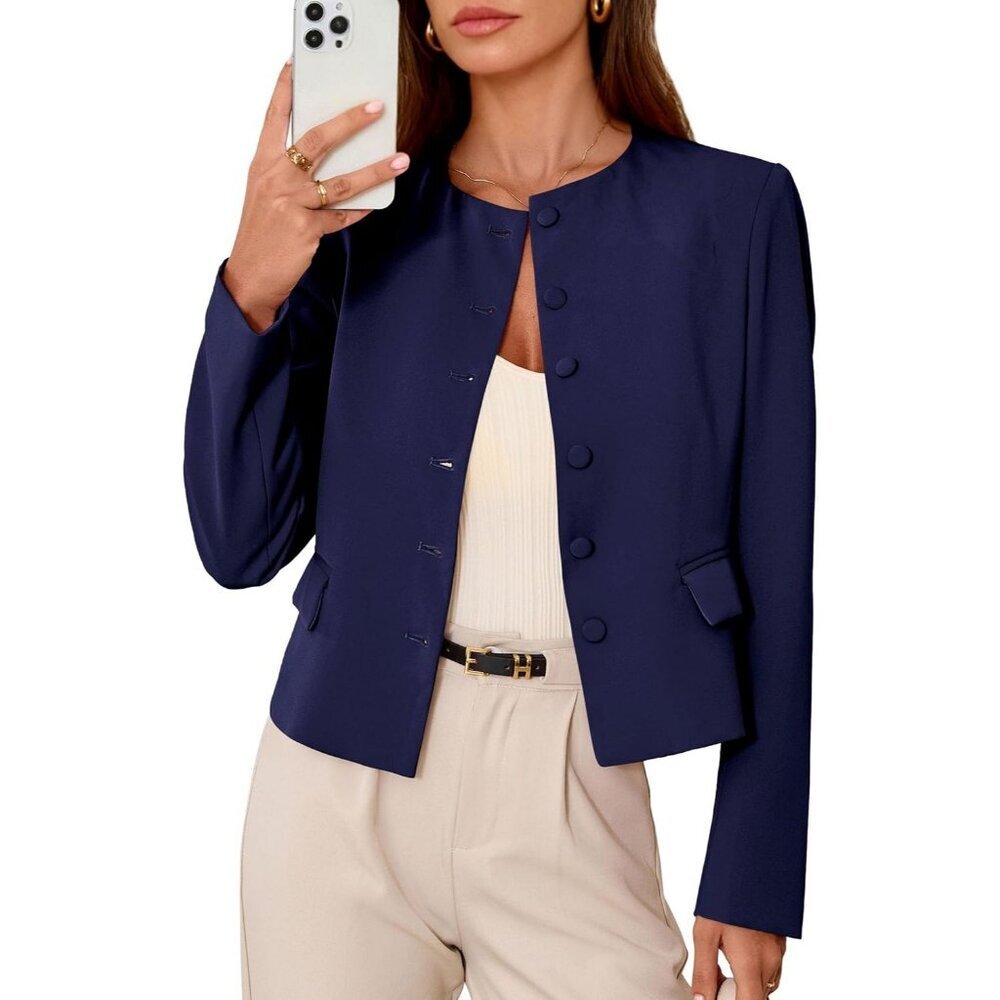Women's Blue Blazers Business Casual Outfits Fall Fashion Long Sleeve Jacket